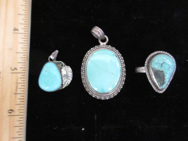 THREE STERLING TURQUOISE NAVAJO PIECES