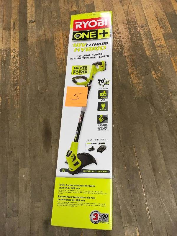 lot 5 image: Ryobi ONE 18-Volt Lithium-Ion Hybrid Electric Cordless String TrimmerEdger - 1.3 Ah Battery and Charger Included new