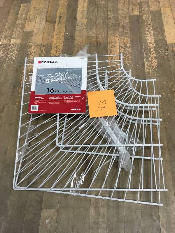lot 12 image: ClosetMaid Ventilated Wire Corner Shelf for 16 in. Shelf and Rod Shelving not used