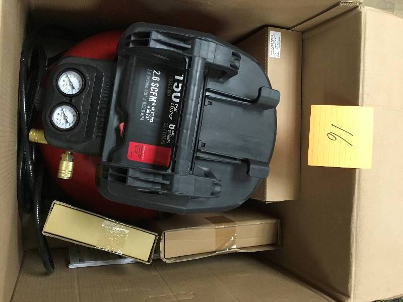 lot 16 image: Porter-Cable 6 Gal. 150 PSI Portable Electric Air Compressor, 16-Gauge Nailer, 18-Gauge Nailer and 38 in. Stapler Combo Kit (3-Tool) in working conditions