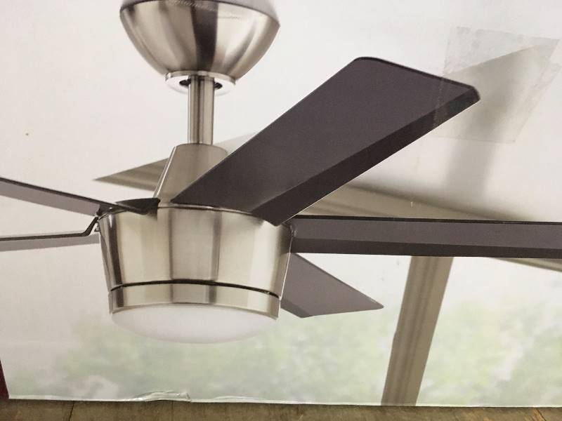 lot 14 image: Home Decorators Collection Merwry 52 Indoor Brushed Nickel Fan in good conditions