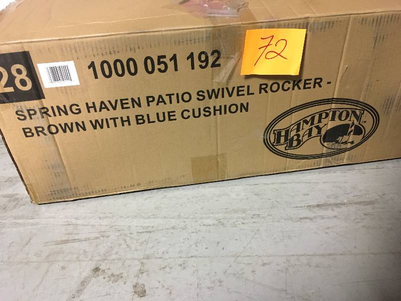 lot 72 image: Hampton bay Spring Haven Brown All-Weather Wicker Outdoor Patio Swivel Rocking Chair with Sky Blue Cushions not used