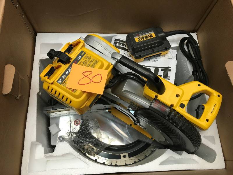 lot 80 image: DEWALT FLEXVOLT 120-Volt MAX Lithium-Ion Cordless Brushless 12 in. Sliding Miter Saw w AC Adapter tool only  in good conditions