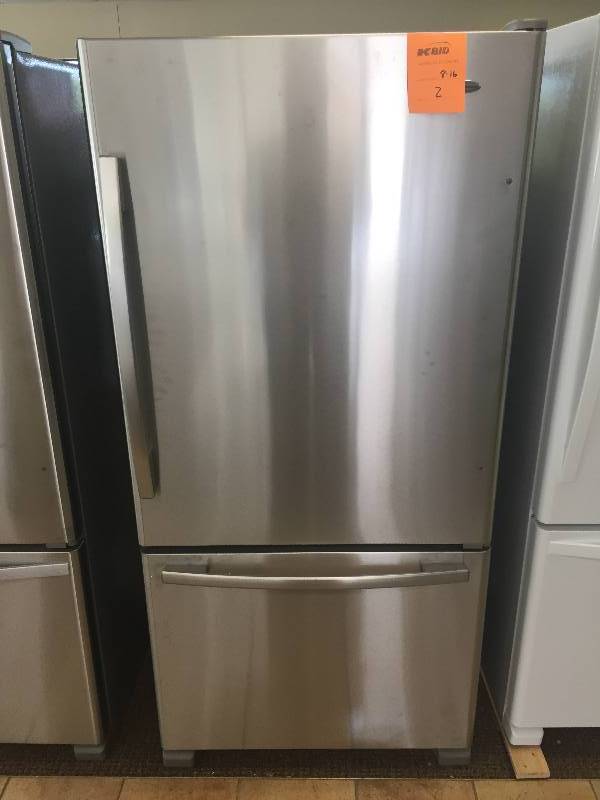 NEW Amana 22.1 cu. ft. Bottom Freezer Refrigerator in Monochromatic Stainless Steel-- WITH MANUFACTURERS WARRANTY- Model# ABB2224BRM