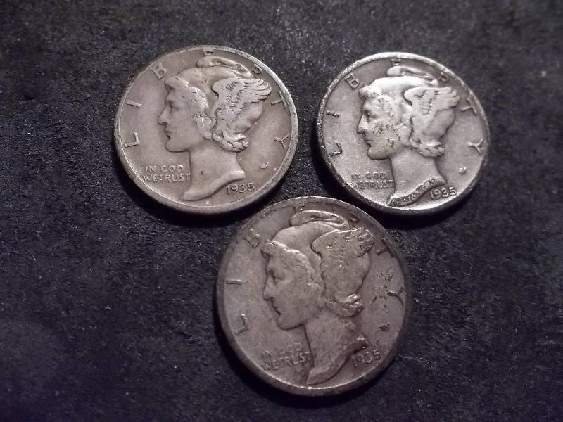 1935 P, D, S Mercury Dimes