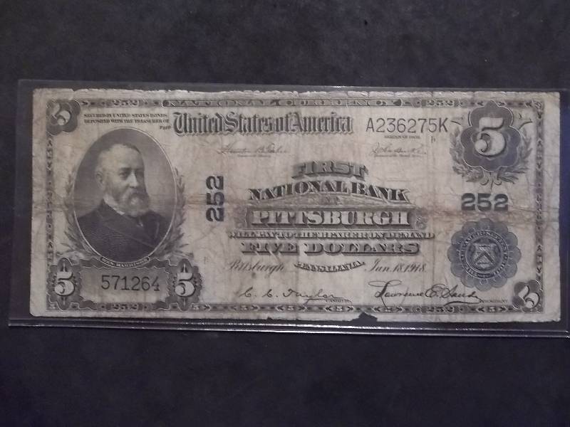 Five Dollar National Currency Note First National Bank Of Pittsburgh 1918