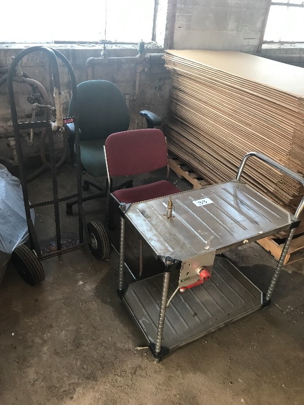 Metro cart, two chairs, and dolly