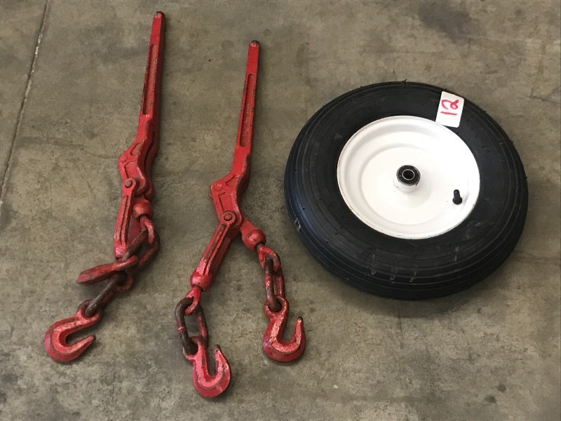lot 12 image: (2) Chain Binders & (1) Wheel Barrel Tire