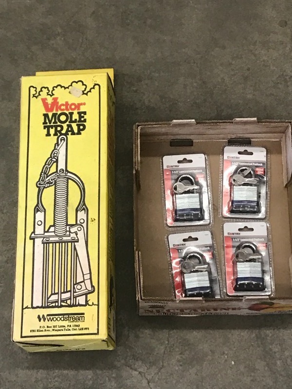 lot 13 image: (4) Padlocks & (1) Mole Trap