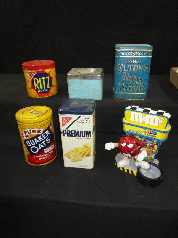 lot 28 image: Various Old Tins and M&Ms Dispenser