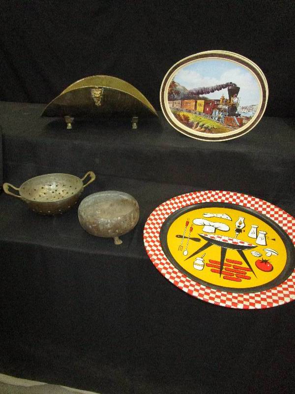 lot 34 image: Metal Plate, Copper Bowl and Strainer, Brass Wood Holder, Metal Container