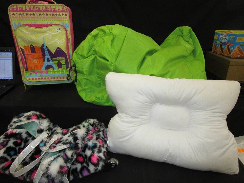lot 81 image: Big Joe Bean Bag, Small Kids Suitcase, Pillow, Fuzzy Small Suitcase