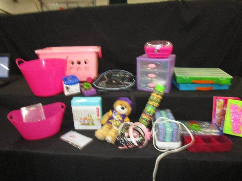 lot 98 image: Rubber Bands, Storage Bins, Headbands, Clear Backpack,Curlers, Diarys, Etc..
