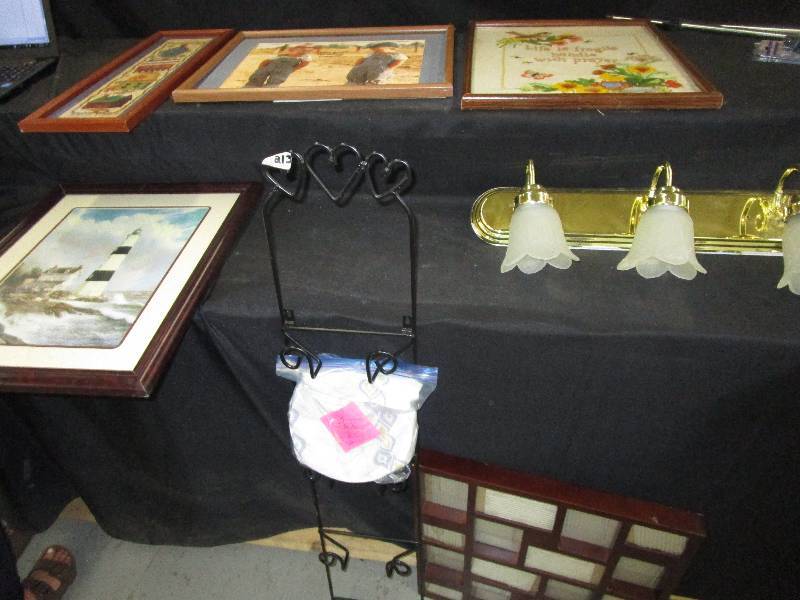 lot 128 image: 4 Pictures, 1 Frame, 1 Plate Shelf with Plates, and 1 Light Fixture