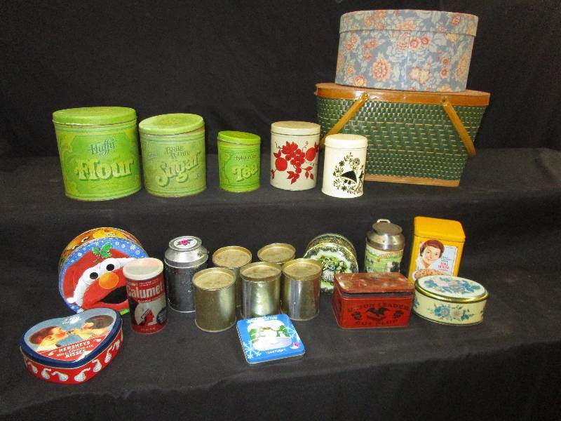 lot 138 image: Lots of Tins, Picnic Basket, and Bin