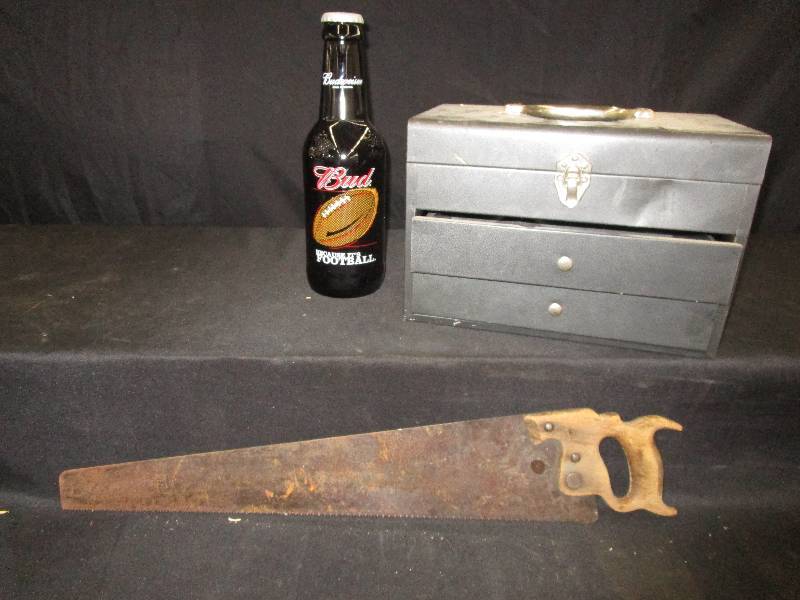 lot 153 image: Tool Box, Hand Saw, and Large Budweiser Football Glass