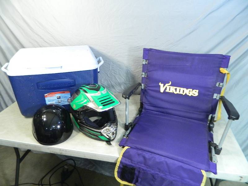 Helmets, MN Vikings Seat, and Cooler
