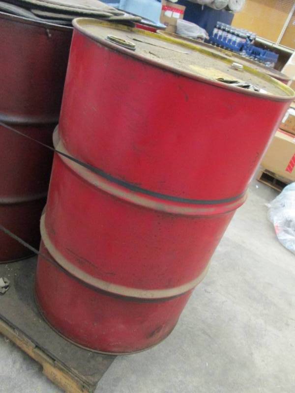 lot 157 image: 55 Gallon Red Metal Barrel Drum...