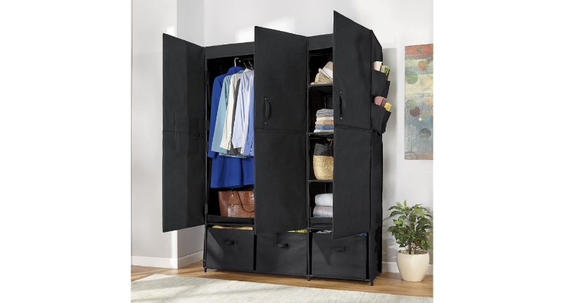 lot 11 image: 3-Door Fabric Storage Wardrobe open...