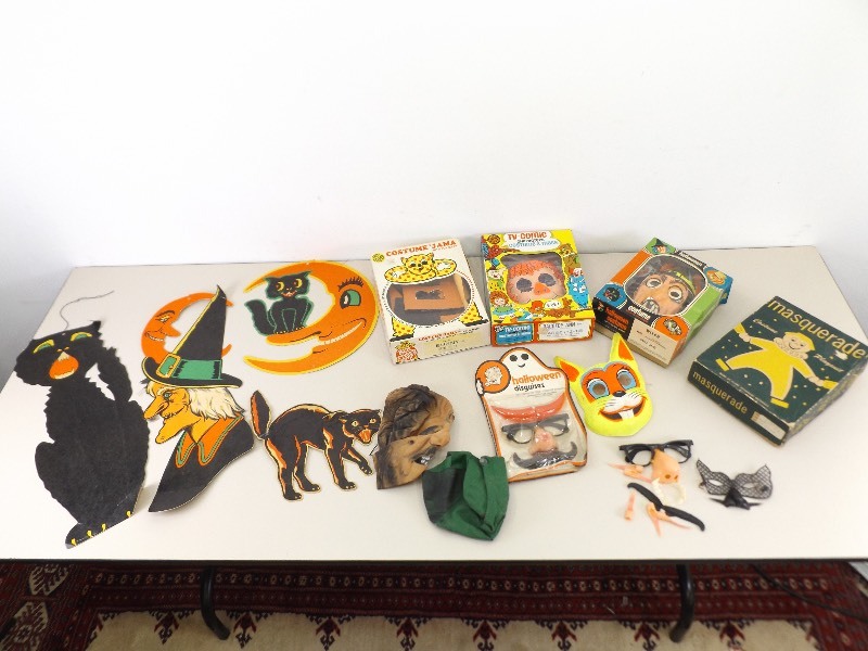Lot of Vintage Halloween Costumes, Decorations, etc.