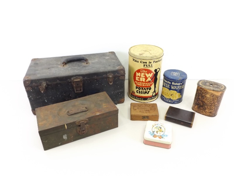 Lot of Vintage Tins, Metal and Wood Boxes, etc.