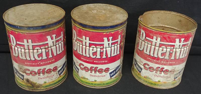 lot 1 image: Vintage Butter-Nut Coffee Tins (3), lids included.