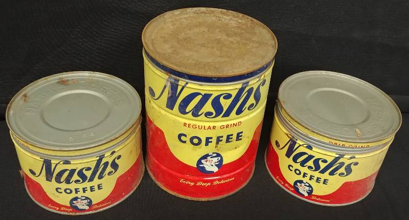 lot 2 image: Vintage Nashs Coffee Tins(3), with lids.