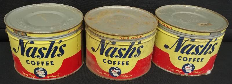 lot 3 image: Vintage Nashs Coffee Tins(3), with lids.