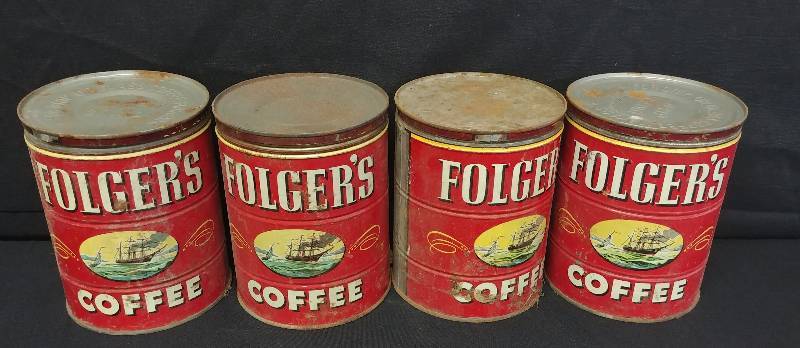 lot 4 image: Vintage Folgers Coffee Tins(4), with lids