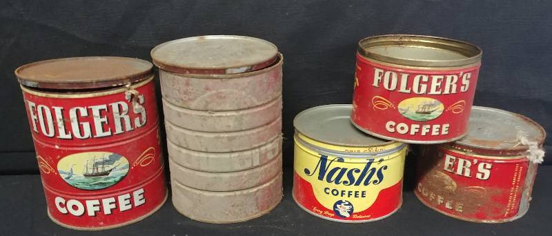 lot 5 image: Vintage Folgers Coffee Tins(5), with lids