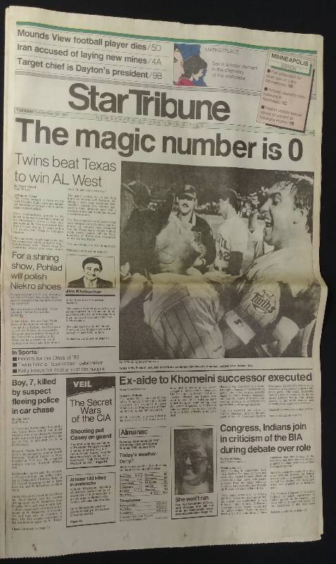 lot 7 image: 1987 MN Twins AL West Champs, Star Tribune Full Paper. Kirby & Hrbek pic.