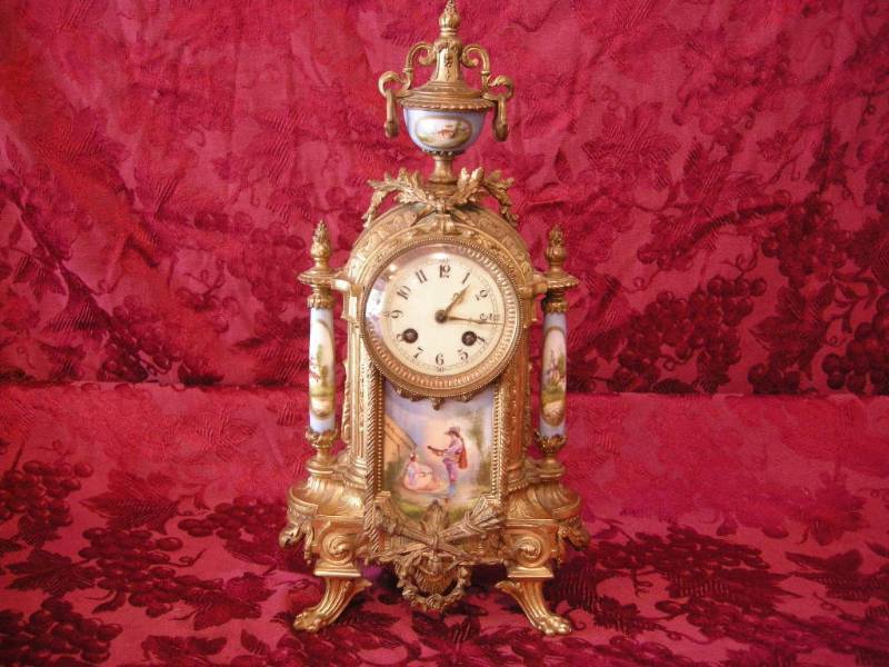 lot 19 image: Antique French Ornate with Sevres-Style Porcelain Boudoir Shelf Clock