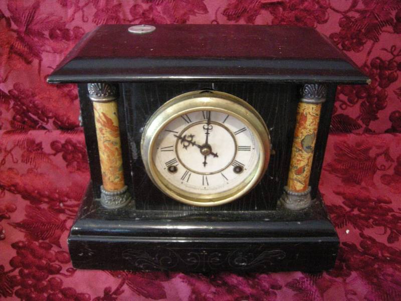 lot 83 image: Antique Waterbury Coin Slot Shelf Clock