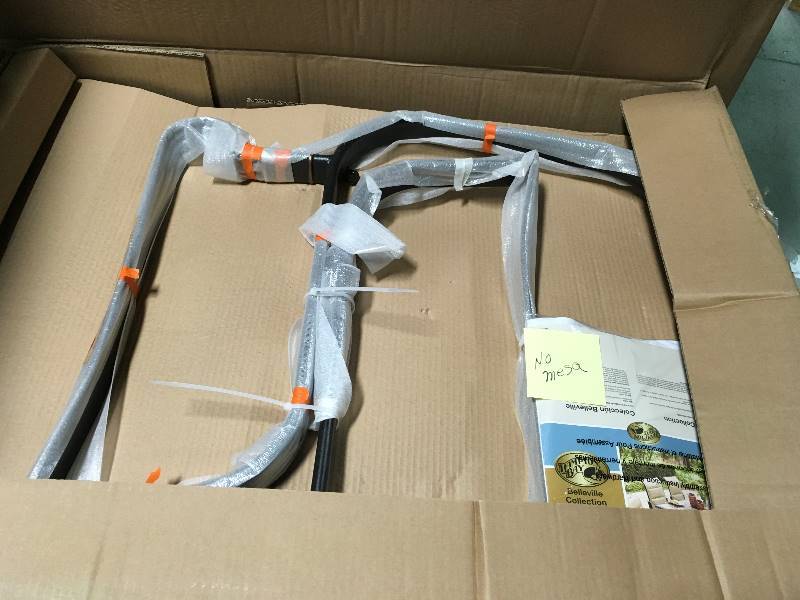 lot 1 image: Belleville 7-Piece Padded Sling Outdoor Dining Set Missisng Table open box not used