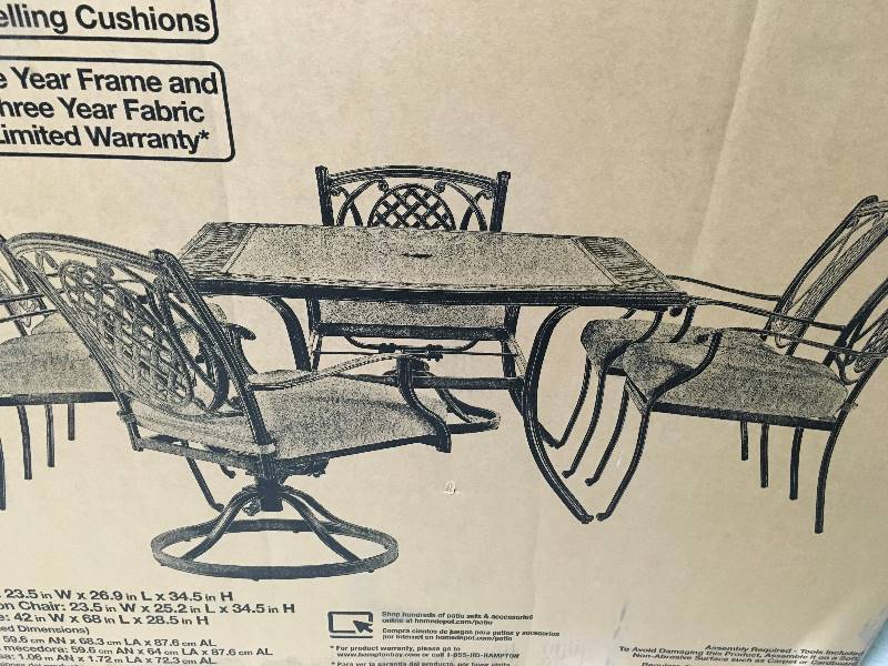 lot 2 image: Belcourt 7-Piece Metal Outdoor Dining with CushionGuard Oatmeal Cushions (chairs only table are not include) not used