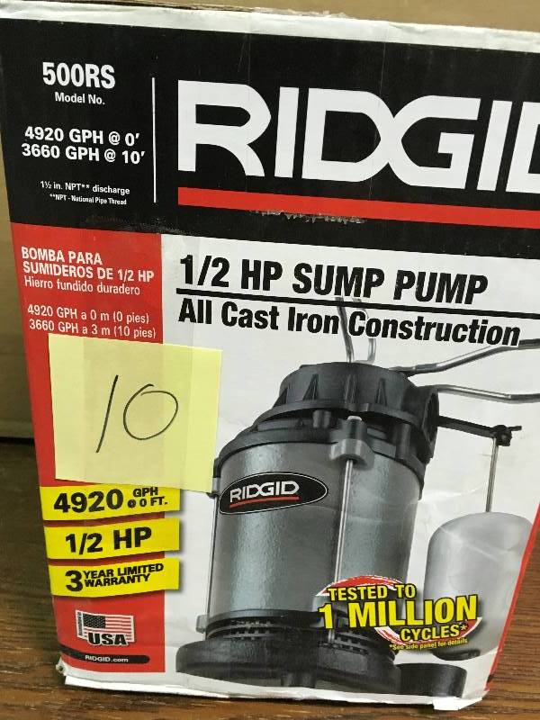 lot 10 image: Ridgid 12 HP Cast Iron Submersible Sump  Pump in good conditions