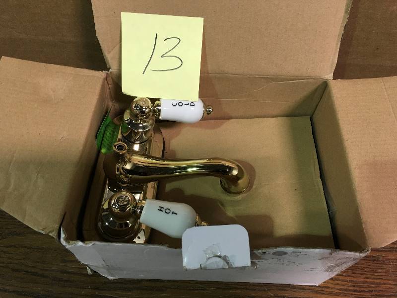 lot 13 image: Glacier Bay Teapot 4 in. Centerset 2-Handle Low-Arc Bathroom Faucet in Polished Brass in good conditions