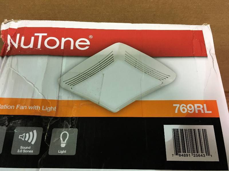 lot 15 image: Nutone 70 CFM Ceiling Exhaust Fan with Light, White Grille and Bulb in good conditions
