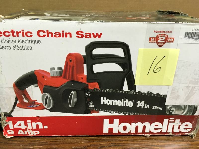 lot 16 image: Homelite 14 in. 9 Amp Electric Chainsaw used in working conditions