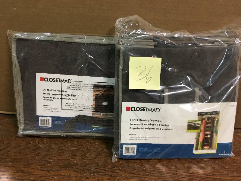 lot 36 image: ClosetMaid 8 Shelf Hanging Closet Organizer and 1 shelf storage bag New