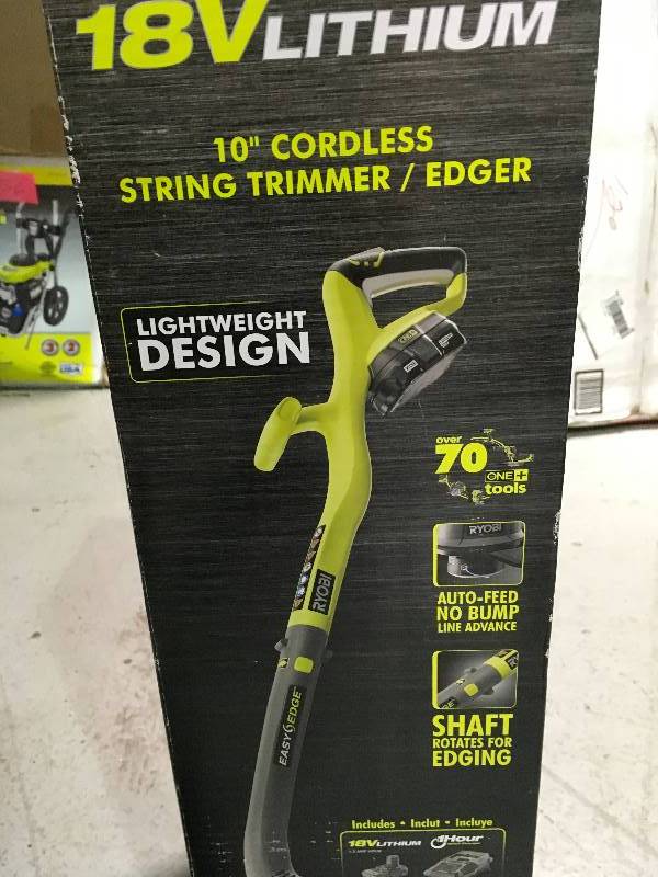 lot 56 image: Ryobi ONE 18-Volt Lithium-Ion Electric Cordless String Trimmer and Edger - 1.3 Ah Battery and Charger Included in working conditions