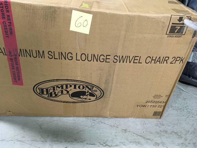 lot 60 image: Hampton Bay Statesville Pewter Swivel Aluminum Sling Outdoor Lounge Chair (2-Pack) open box not used