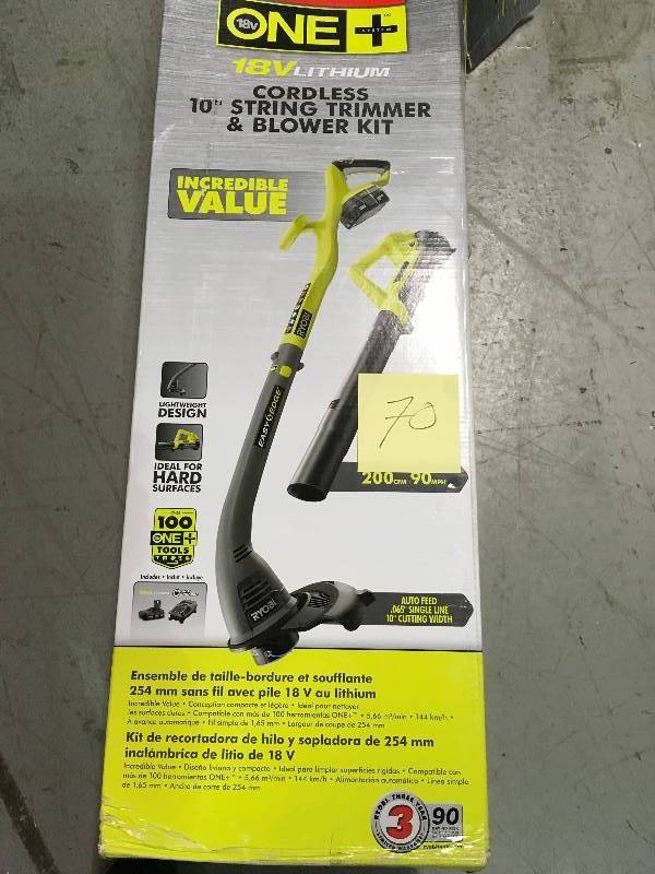 lot 70 image: Ryobi ONE 18-Volt Lithium-Ion String TrimmerEdger and Blower Combo Kit 2.0 Ah Battery and Charger Included  Used in good working cond.