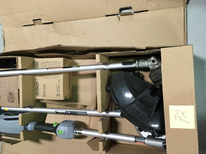 lot 72 image: EGO POWER15in.56V Lithium ion Cordless String TrimmerEdger Combo Kit (2-Tool)w5.0Ah Batt and Charge EGO Multi-Head System Used in good working cond.