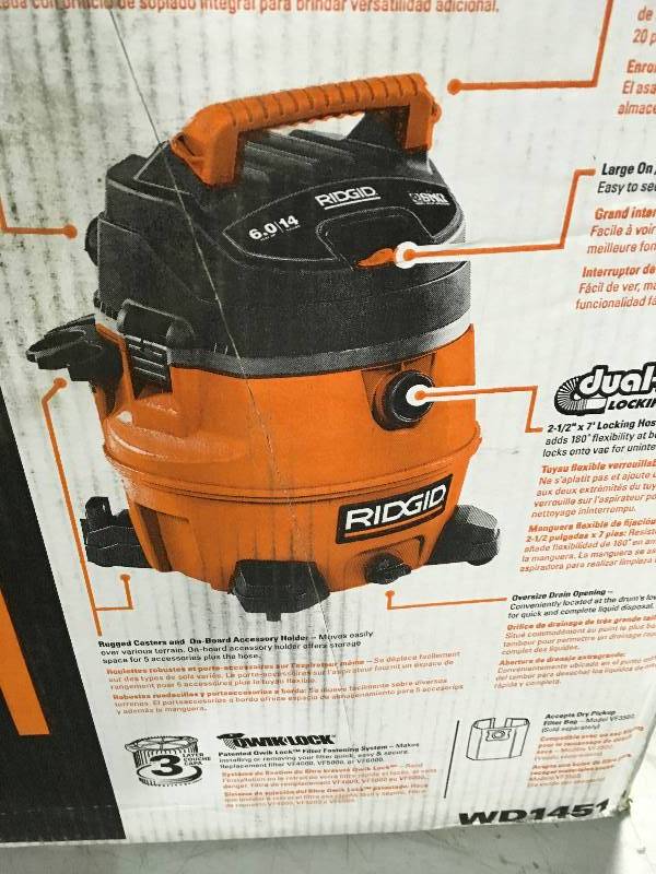 lot 74 image: Ridgid 14 Gal. 6.0-Peak HP Wet Dry Vac with Auto Detail Kit in working conditions