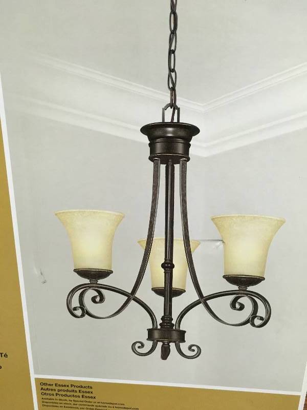 lot 85 image: Hampton Bay Essex 3-Light Aged Black Chandelier with Tea Stained Glass Shades new