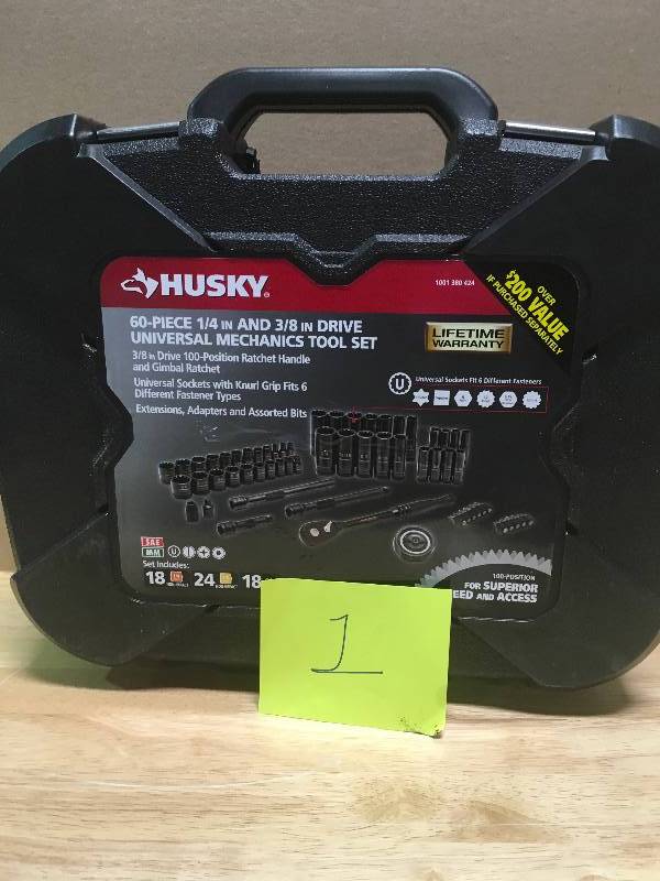 lot 1 image: HUSKY 38 in. Drive 100-Position Universal SAE and Metric Mechanics Tool Set (60-Piece) in good conditions