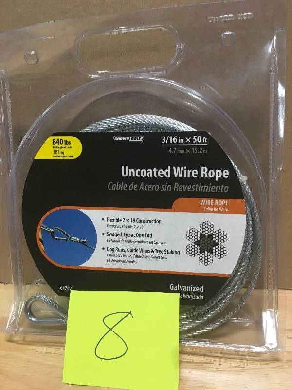 lot 8 image: CROWN BOLT 316 in. x 50 ft. Galvanized Uncoated Wire Rope