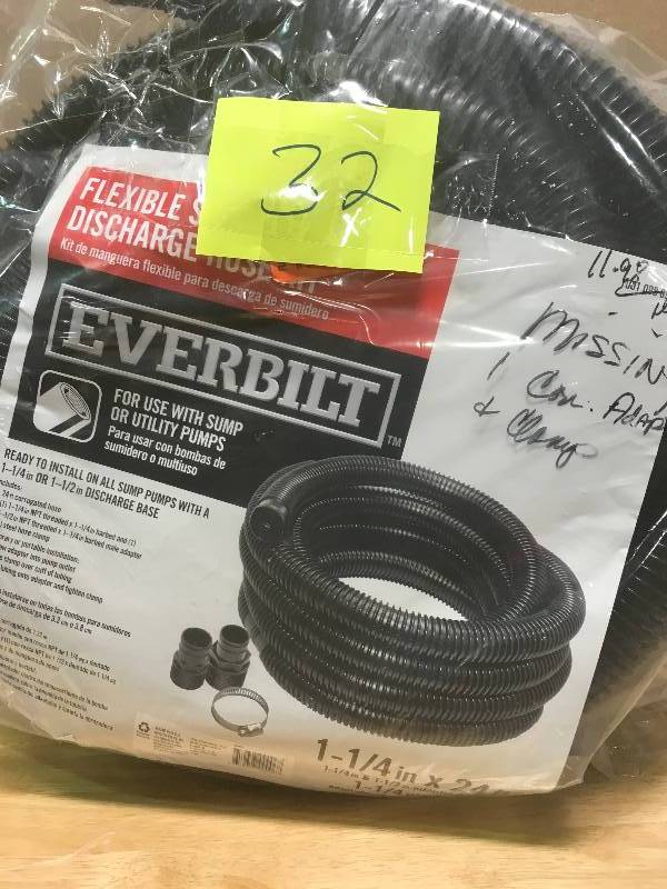 lot 32 image: EVERBILT 1-14 in. x 24 ft. Sump Pump Discharge Hose Kit Missing 1 Con Adapter & Clamp