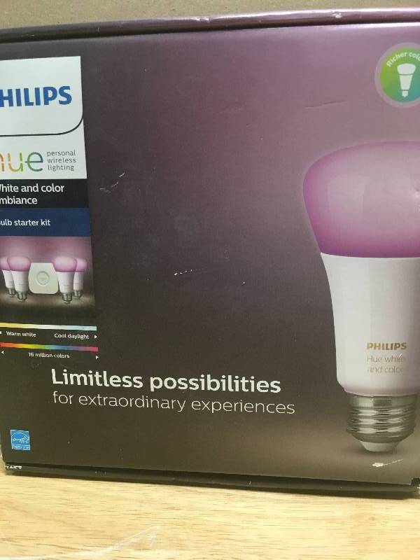 lot 33 image: Philips Hue White and Color Ambiance A19 LED 60W Equiv. Dimmable Smart Wireless Lighting Starter Kit (4 Bulbs, and Bridge)